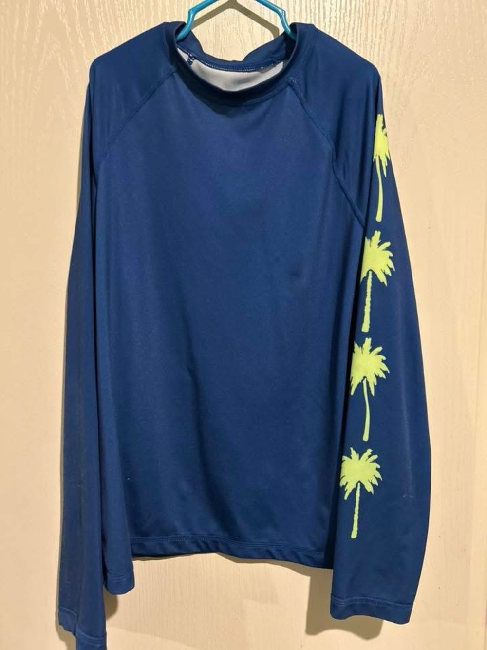 wonder nation Navy Blue Rashguard with Neon Green Palm Tree Sleeve Accents